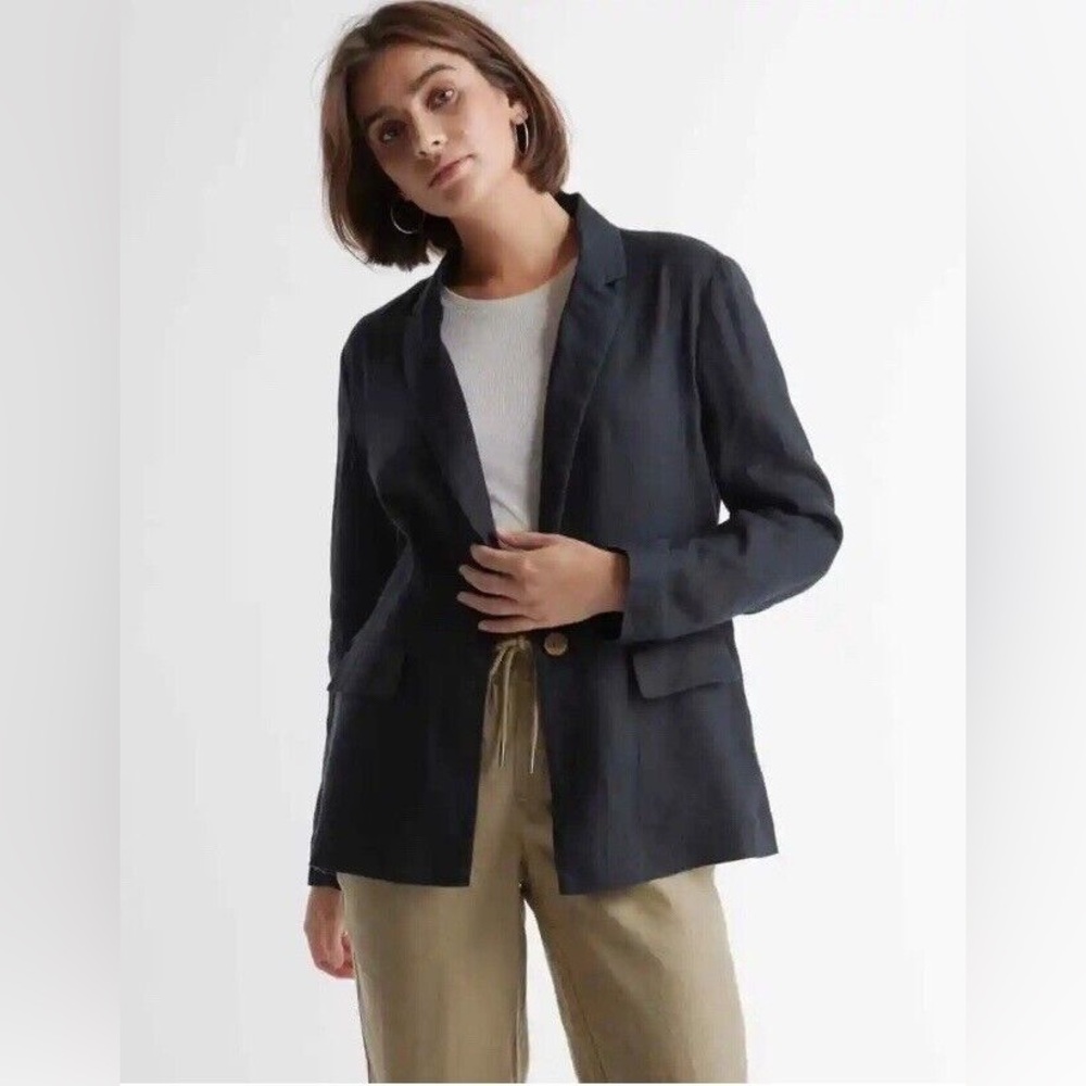 Quince Women's Linen Blazer in Black 100% Flax Linen Weave L